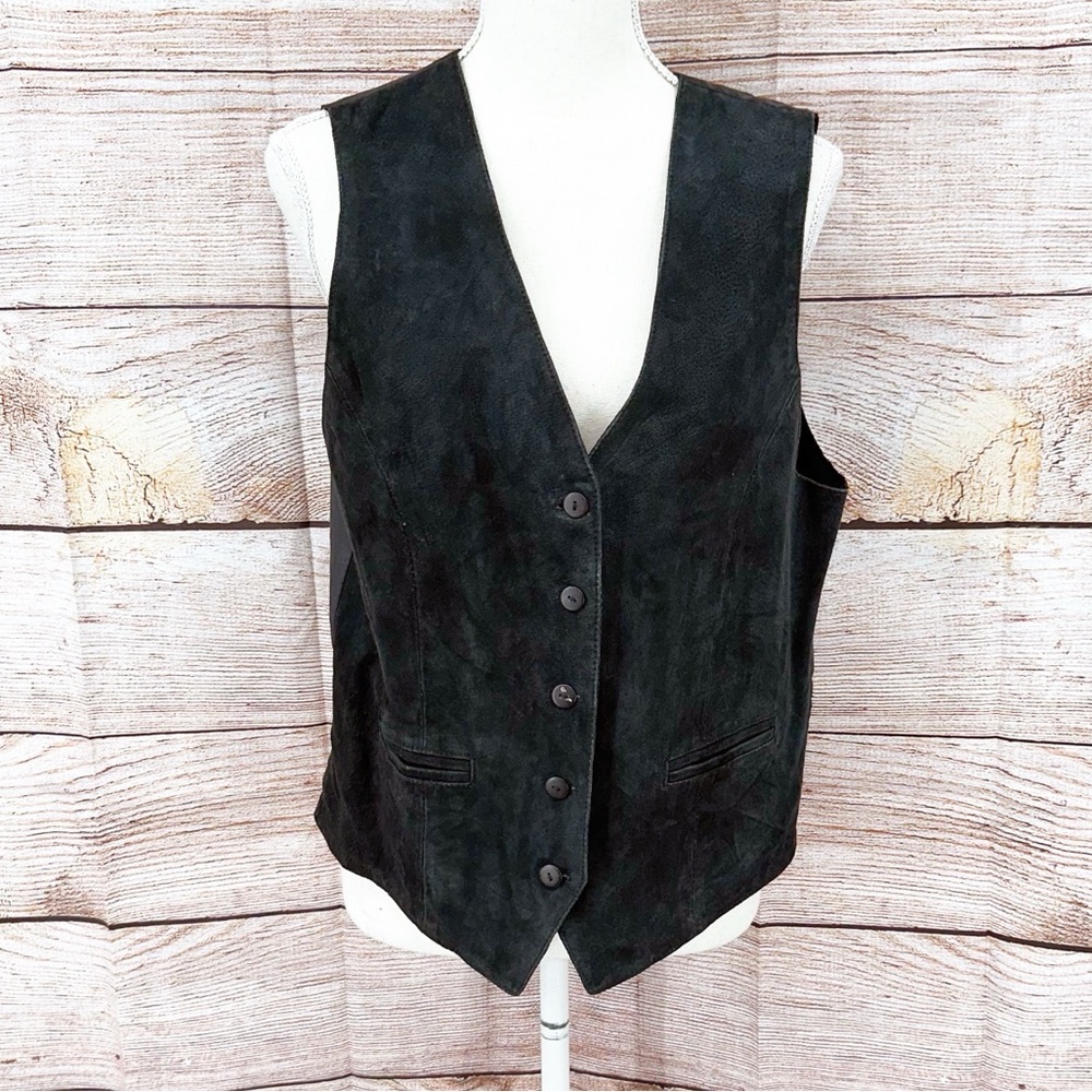 Vintage Silverleaf Black Classic V-Neck Fitted Leather Vest Size M